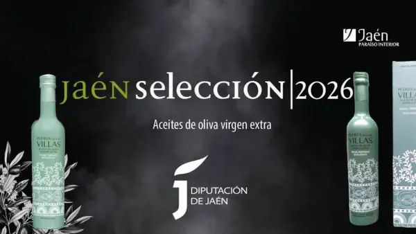 Butelka oliwy z oliwek extra virgin na ciemnym tle z napisem "Jaén Selección 2026".